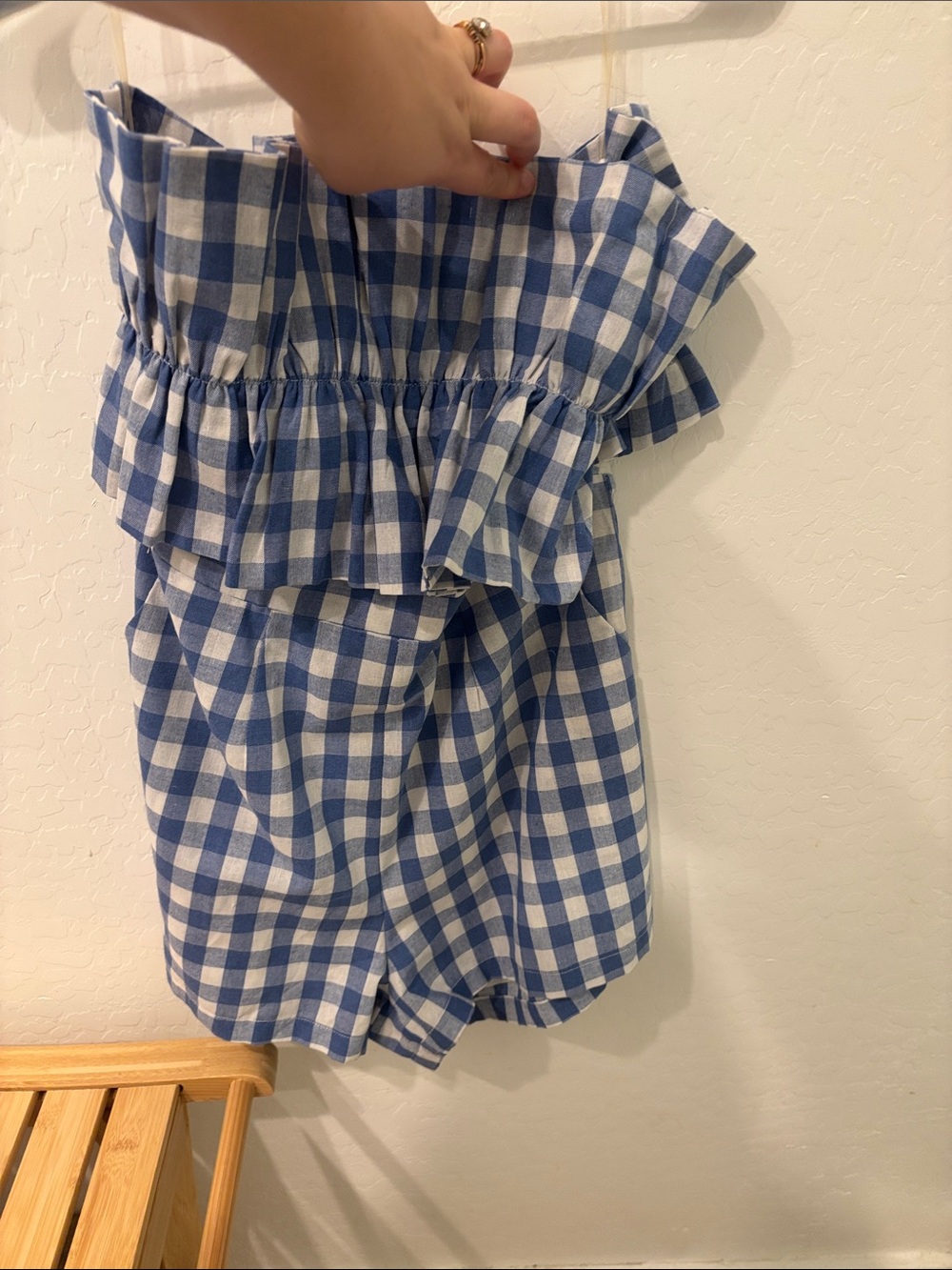 Entro Blue and White Gingham Ruffle Romper